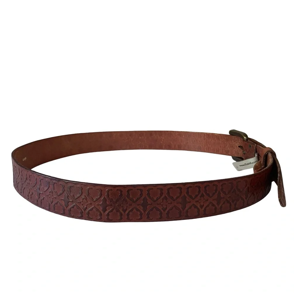 Vintage Fossil Embossed Leather Belt Brown Size L